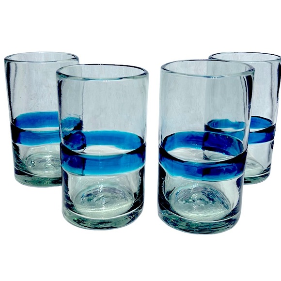 Hand Blown Mexican Artisan Recycled Glass Clear Teal Tumblers Set  of 4 - Picture 1 of 7
